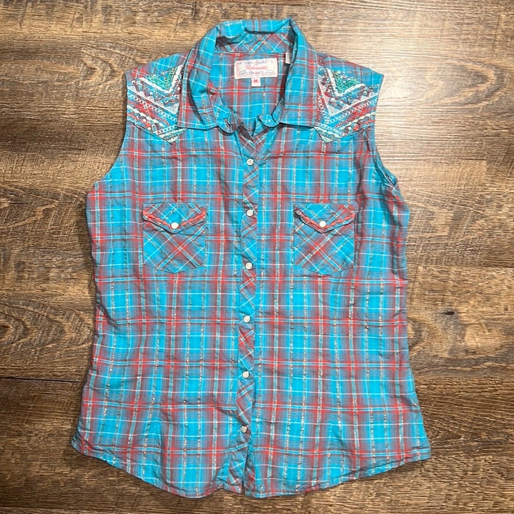 Panhandle Sleeveless Snap Button Shirt. Aqua with Gold Thread & Embroidery